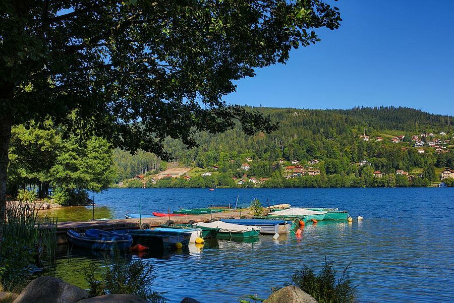 Barques amarrées sur le lac de Gérardmer entouré de forêts et chalets vosgiens, cadre paisible pour des vacances nature en camping.