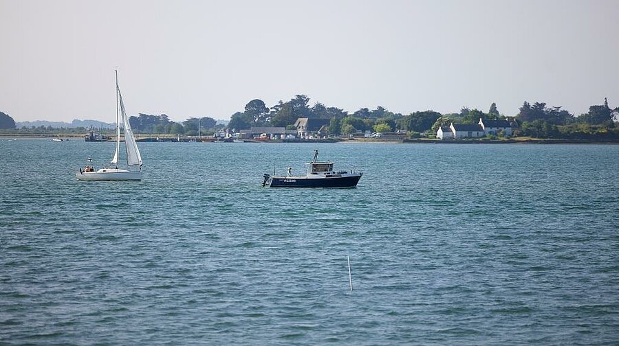 Location mobil-home Morbihan, voilier et bateau de pêche sur le golfe, paysage marin propice aux activités nautiques et découvertes bretonnes.
