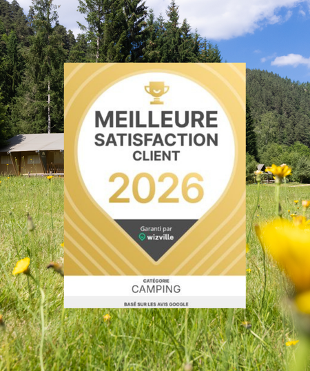 Badge Prix Meilleure Satisfaction Client 2026 obtenu par les campings Sites et Paysages grâce aux avis Google des vacanciers (note moyenne 4,41/5).