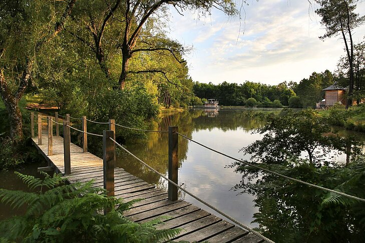 Ponton en bois au bord de l’étang de Bazange à Monfaucon, illustrant l’art de vivre en Périgord au cœur de la nature.