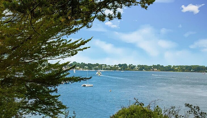 Vue panoramique sur l’Île aux Moines depuis le front de mer d’Arradon, offrant un cadre idyllique pour une balade pédestre dans le golfe du Morbihan.