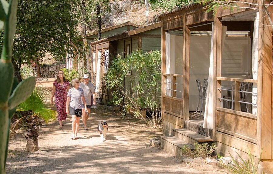 Famille avec chien se promenant devant des chalets en bois dans un camping des Alpes-Maritimes, ambiance conviviale et nature en Provence.