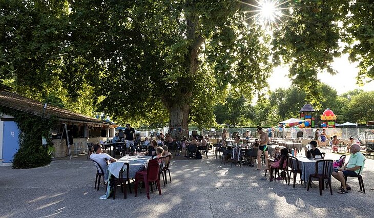 Espace bar sous le platane centenaire du camping Le Moulin