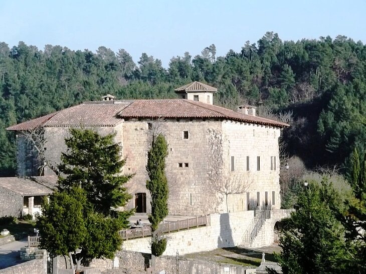 Vue sur le château de Joannas entouré de forêts, site historique à découvrir lors d’un séjour en Ardèche méridionale.