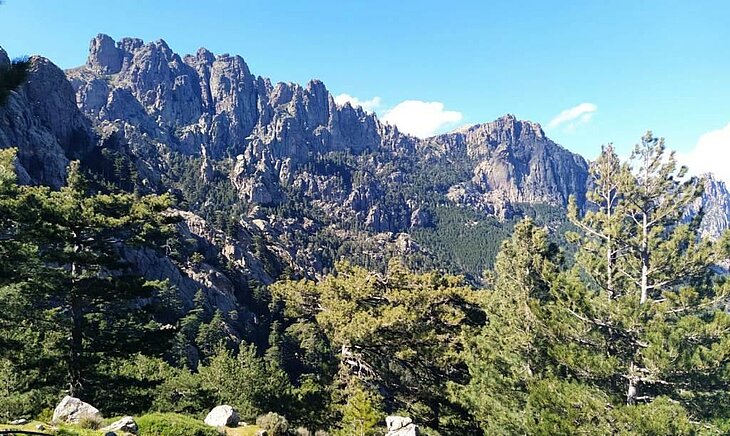 Massif des Aiguilles de Bavella en Corse du Sud, pics rocheux escarpés et forêt de pins, haut lieu de randonnée en Alta Rocca.
