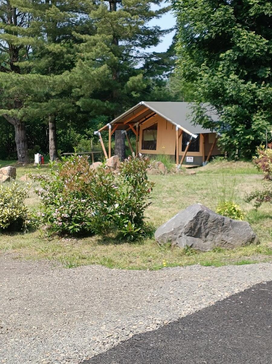 Écolodge confortable et moderne entouré de verdure dans un camping du Puy-de-Dôme, le camping la Marmotte, idéal pour un séjour nature au pied des volcans d'Auvergne.