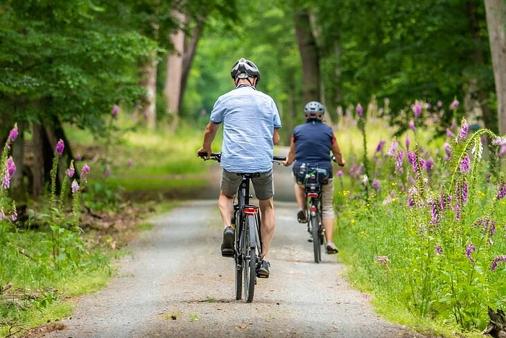 Balade à vélo à travers un chemin forestier fleuri près d’Eclassan, une activité nature idéale pour découvrir les hameaux et bâtisses de caractère en famille.