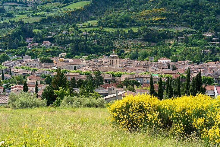 Buis-les-Baronnies Vue sur le village de Buis-les-Baronnies, entouré de collines verdoyantes et de végétation provençale.