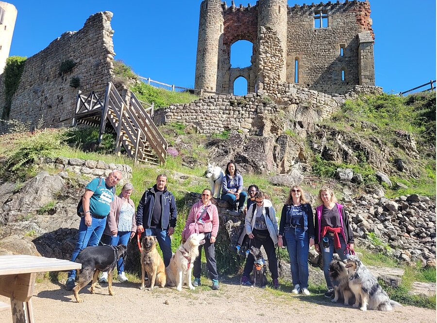 Participants et leurs chiens lors d’un week-end toutou-ristique en pleine nature au camping Sites et Paysages de Vaubarlet, pendant les Cani vacances.