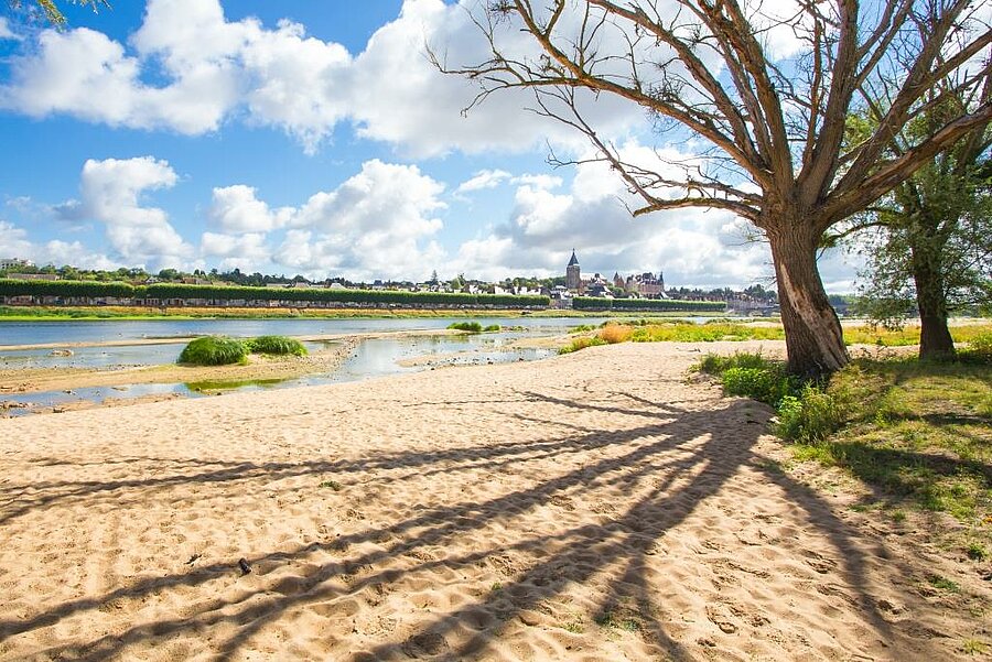 Vue d'un cadre naturel au bord de la Loire, avec un paysage apaisant de sable, d'arbres et une vue sur Gien, parfait pour des vacances en camping dans le Loiret.