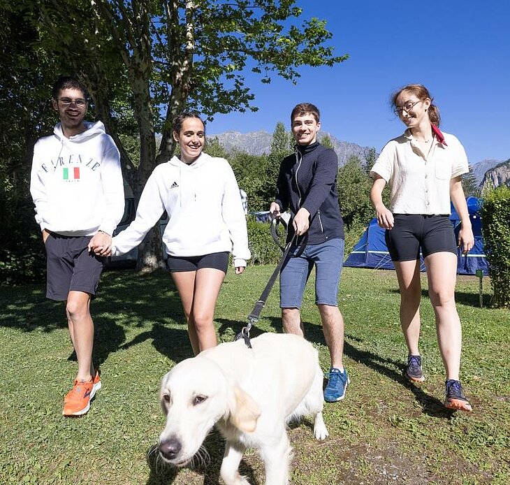 Vacances entre amis à la montagne dans un camping nature Groupe d’amis se promenant avec un chien dans un camping à la montagne, activité conviviale en pleine nature.