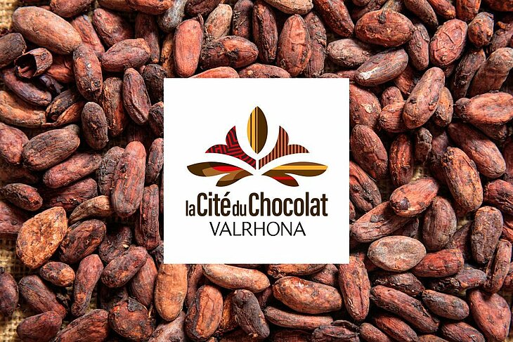 Logo de la Cité du Chocolat Valrhona sur fond de fèves de cacao, une visite gourmande à Tain-l’Hermitage à découvrir autour d’Eclassan dans le cadre du tourisme local.