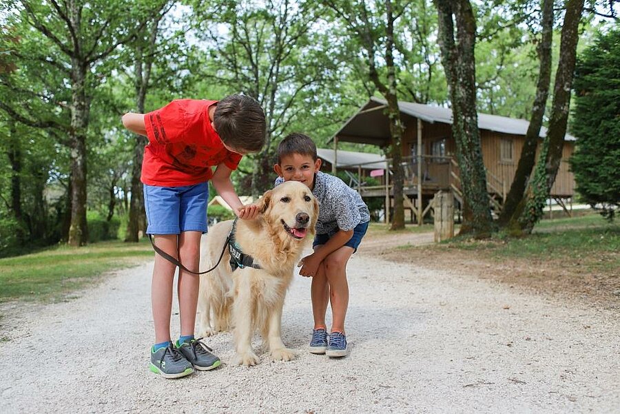 Deux enfants et un chien lors des Cani vacances, un séjour thématique avec activités adaptées aux maîtres et leurs compagnons, dans un camping Pet Friendly entouré de nature.
