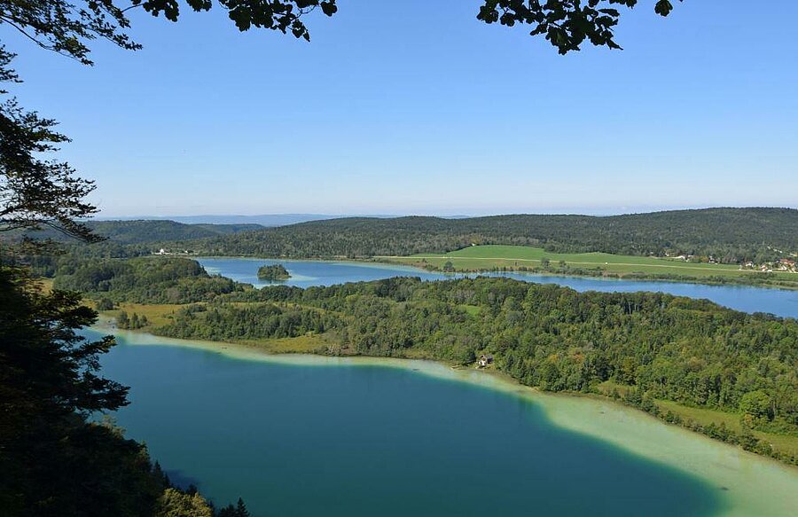 Vue panoramique sur le lac de Chalain, un site naturel d’exception à découvrir lors d’un séjour en camping près de Lons-le-Saunier.