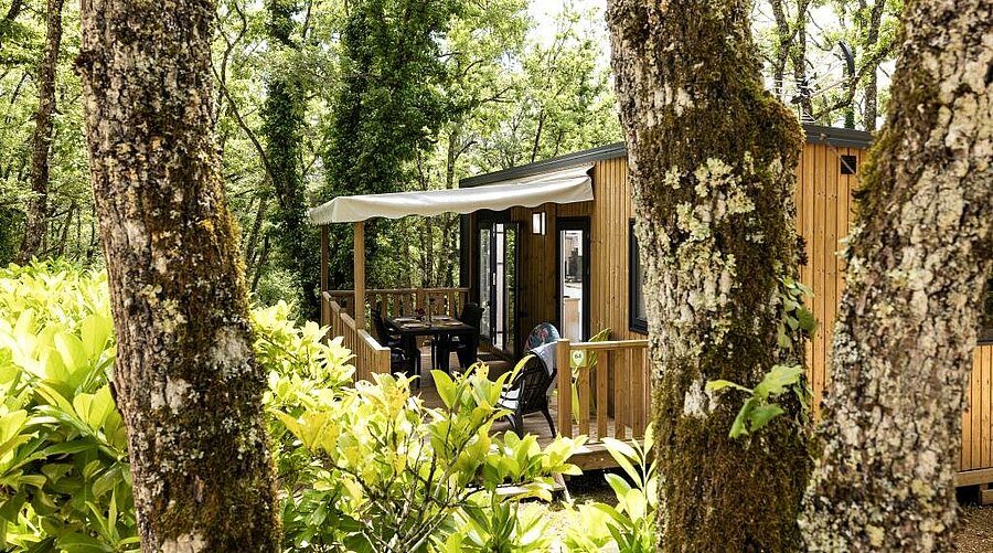 Chalet en bois niché au cœur de la nature dans un camping près de Sarlat, idéal pour un séjour authentique en Périgord Noir.