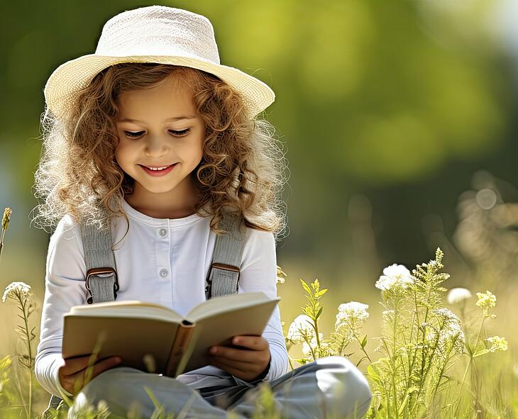 Enfant qui lit un livre en pleine nature
