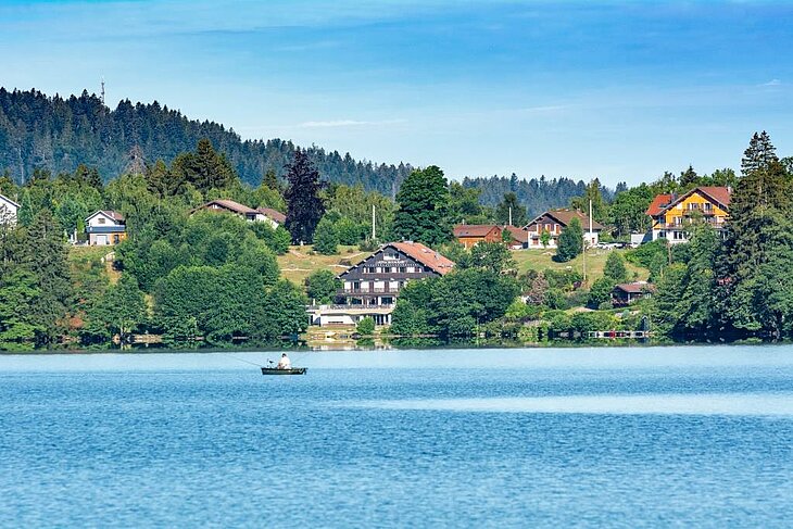 Vue sur le Lac de Gérardmer entouré de forêts et de maisons typiques, un incontournable pour profiter de la nature dans les Vosges.