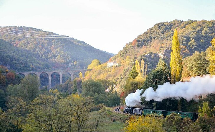 Voyager à bord du Train de l’Ardèche Train à vapeur de l’Ardèche traversant les Gorges du Doux, activité familiale au cœur des paysages naturels ardéchois.