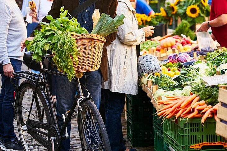 Marché de Saint-Antonin-Noble-Val Étal de légumes frais avec carottes, choux et salades, à côté d'un vélo au panier rempli de verdure, sur un marché.