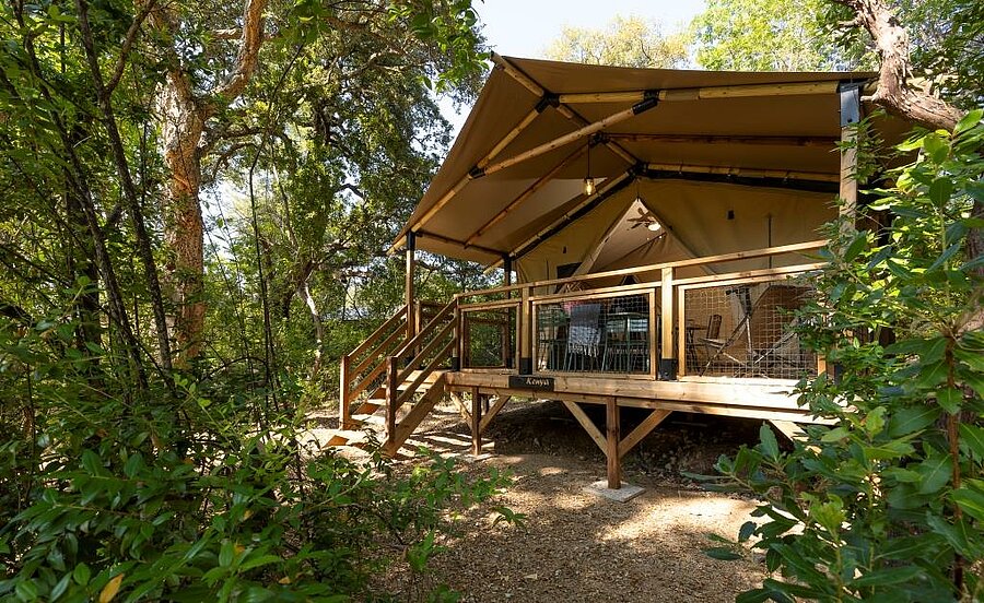Tente lodge en bois et toile dans un camping près de Porto-Vecchio, au cœur de la nature corse, idéale pour des vacances familiales