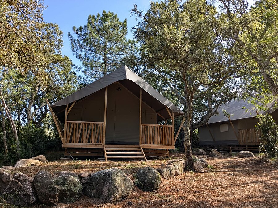 Hébergement en tente lodge niché au cœur de la nature, entouré de chênes-lièges, offrant confort et charme pour des vacances inoubliables en camping en Corse du Sud.