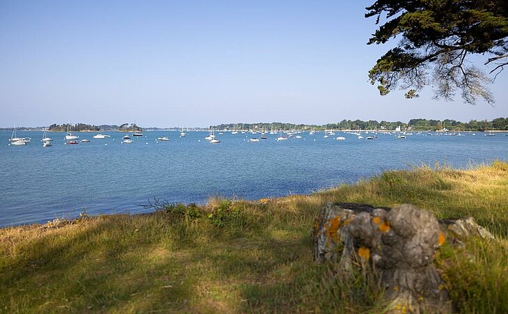 Balade paisible face au golfe du Morbihan à Arradon Vue paisible du golfe du Morbihan à Arradon avec voiliers au mouillage, idéale pour une balade matinale et découvrir l’arradon tourisme.