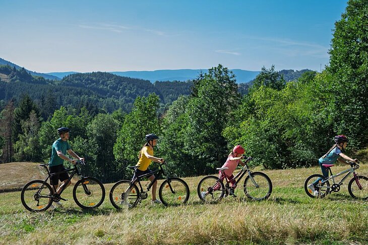 Famille à vélo dans un paysage verdoyant près du Bugue, idéale pour une balade nature en Dordogne.