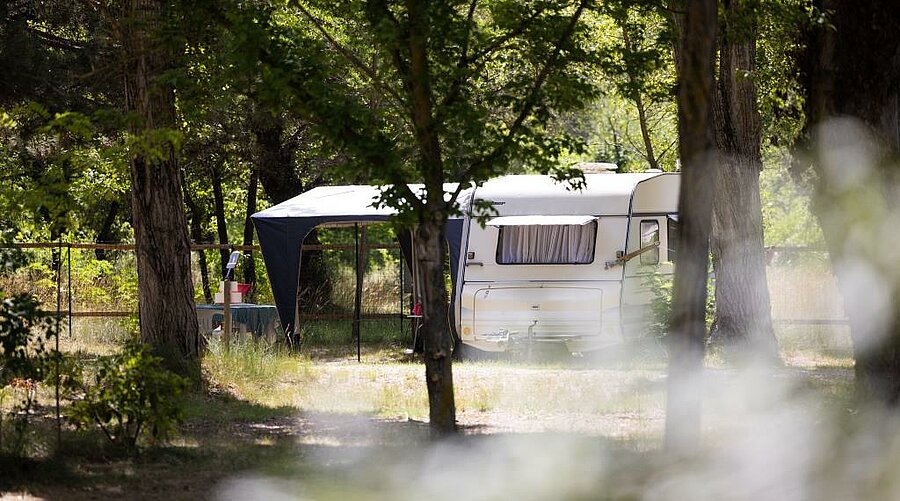 Caravane installée sur un emplacement de camping ombragé, en pleine nature, dans un cadre calme et verdoyant.
