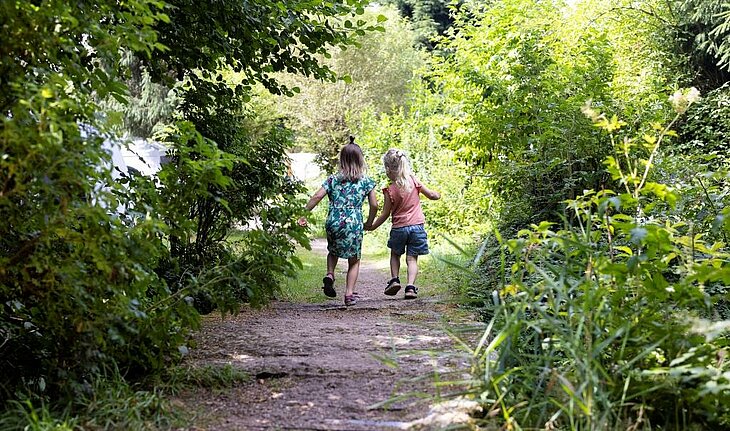 Deux enfants marchent sur un sentier forestier au camping Au Clos de la Chaume, idée nature pour savoir que faire dans les Vosges en famille.