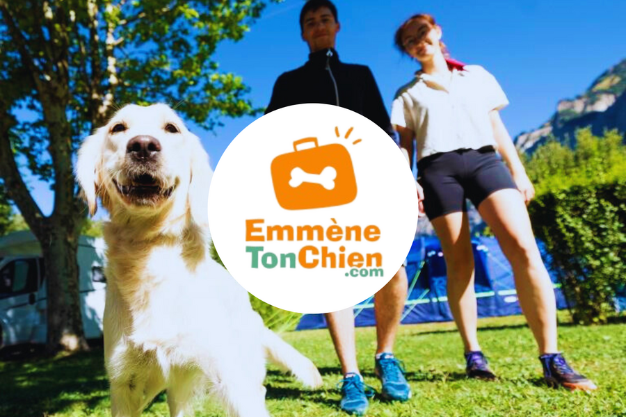 Chien au premier plan devant un couple en vacances dans un camping nature, illustrant des séjours simples et partagés avec son animal.