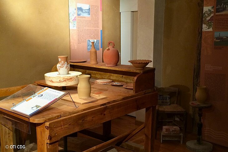 Espace d’exposition du musée Angonia à Martres-Tolosane, présentant un atelier de faïence avec tour de potier et pièces artisanales.